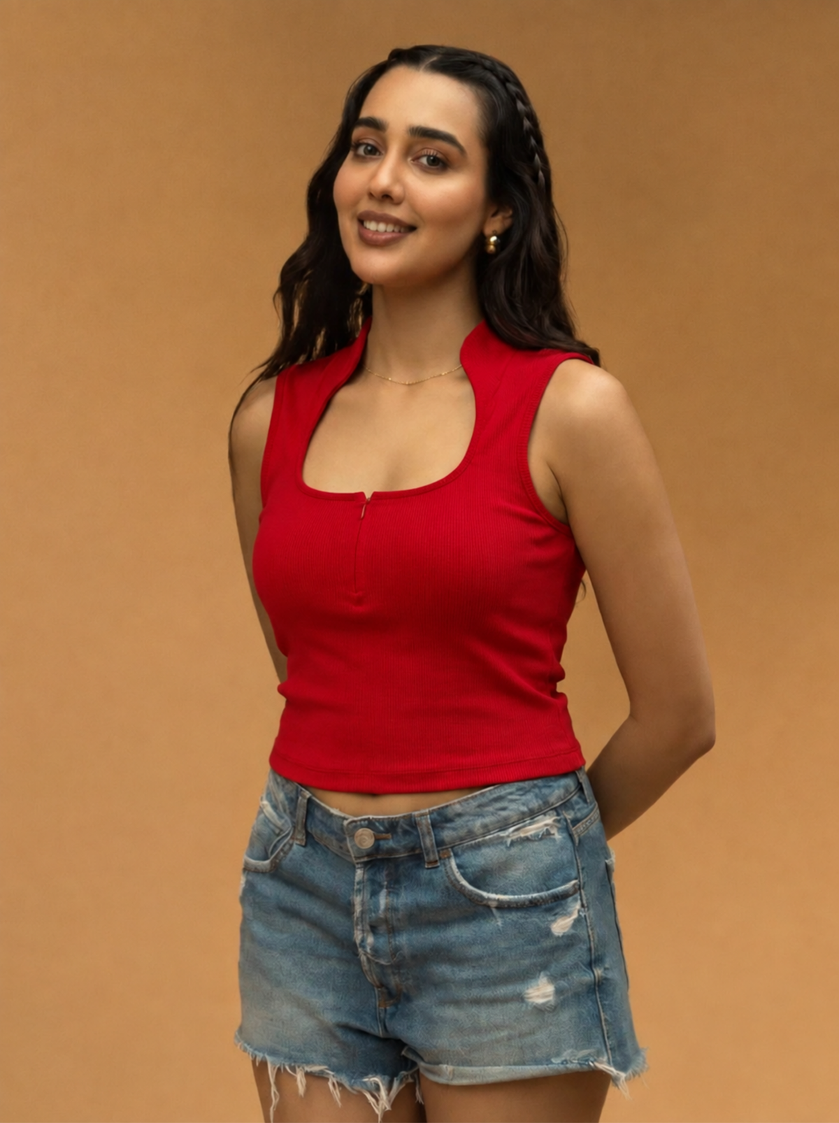 Collar Ribbed Zipper Top