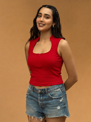 Collar Ribbed Zipper Top