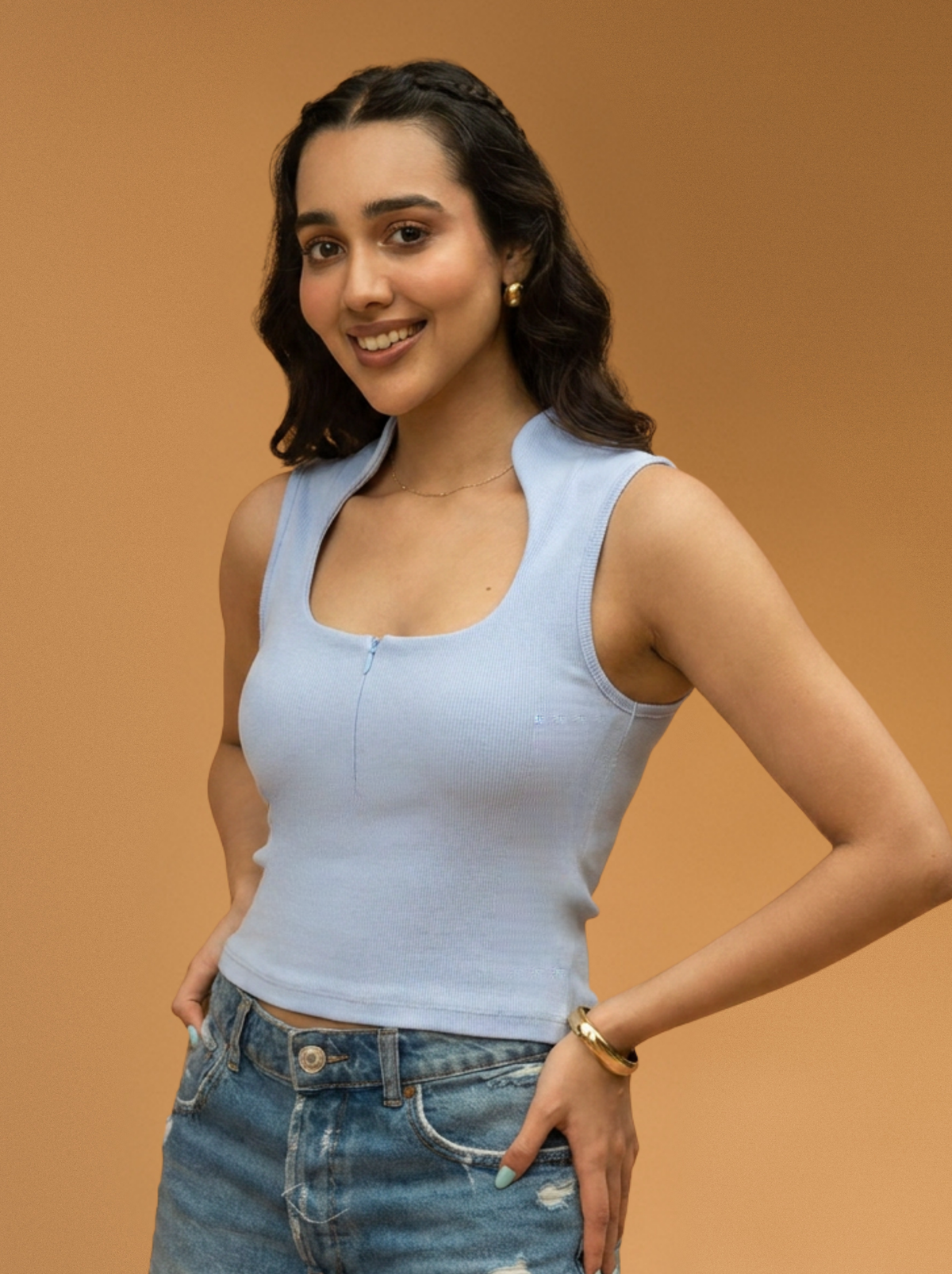Collar Ribbed Zipper Top
