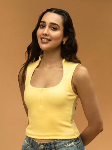 Collar Ribbed Zipper Top