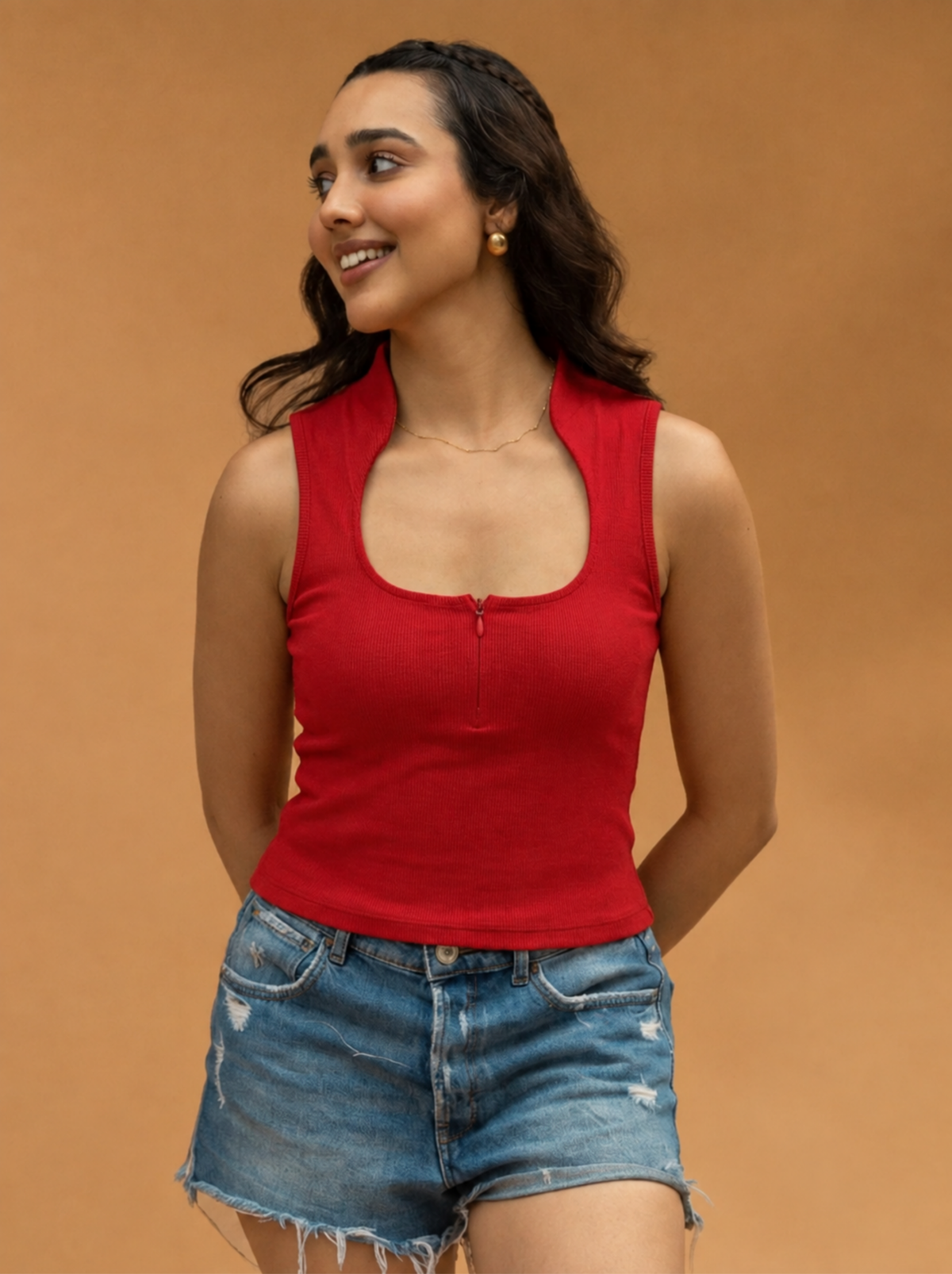 Collar Ribbed Zipper Top