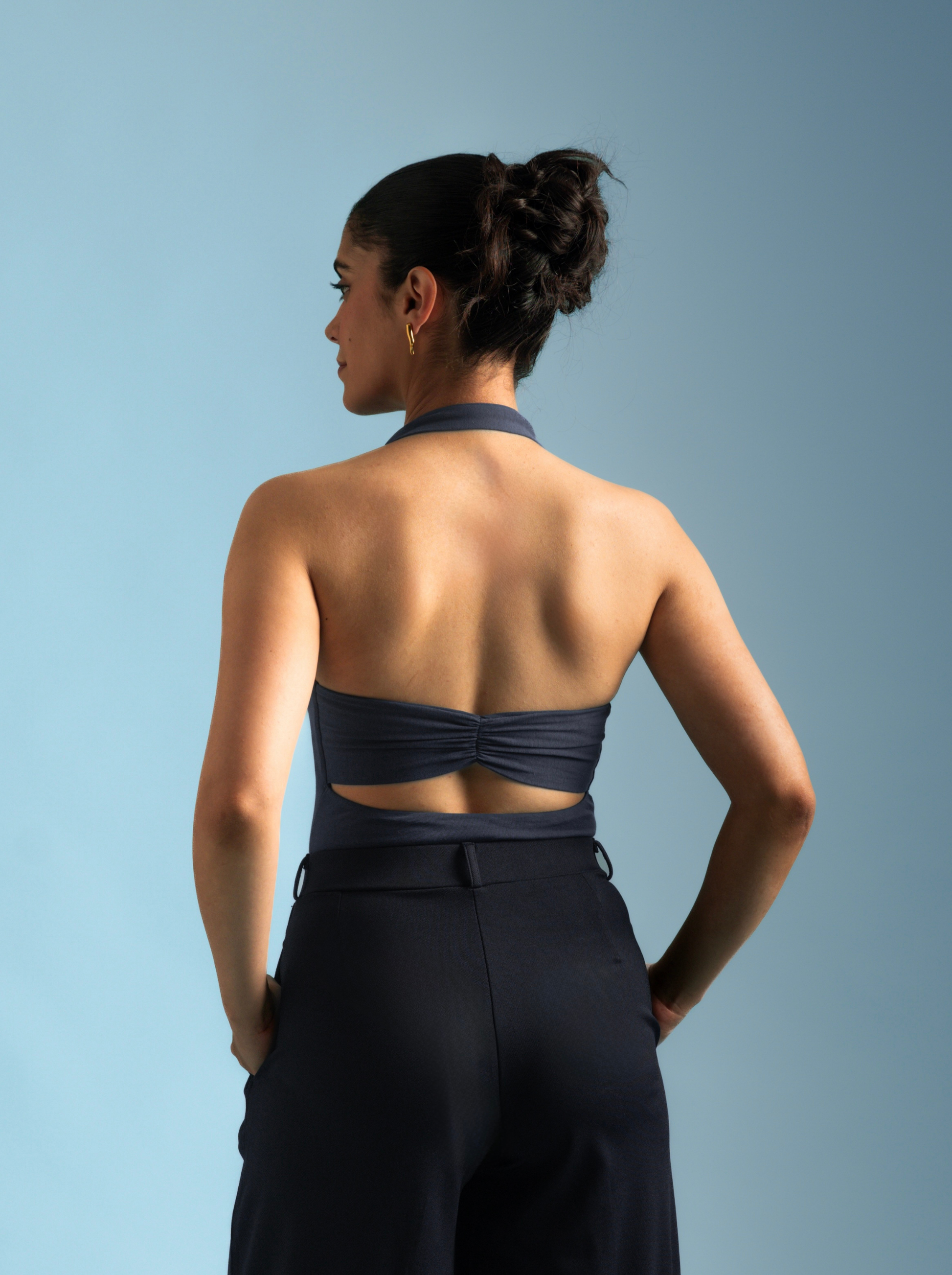 ButterBawd Sculpt Collar Bodysuit in blue, fitted silhouette, sculpted collar detail