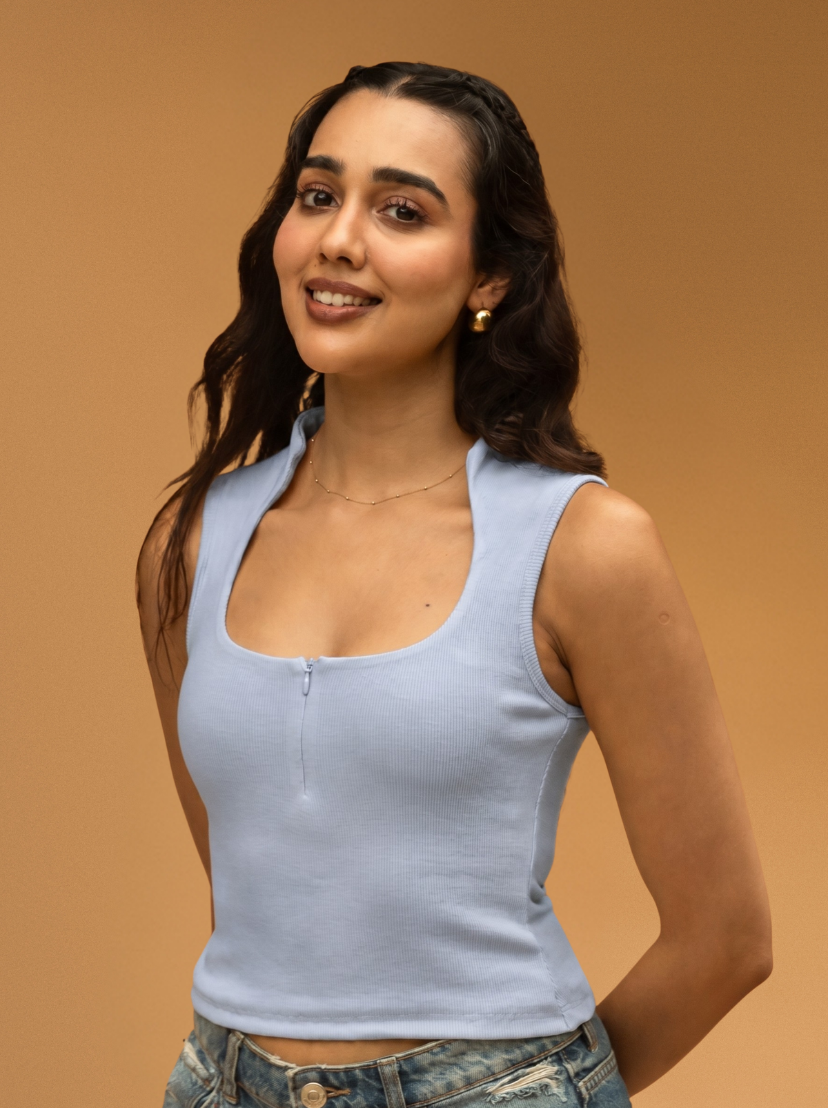 Collar Ribbed Zipper Top