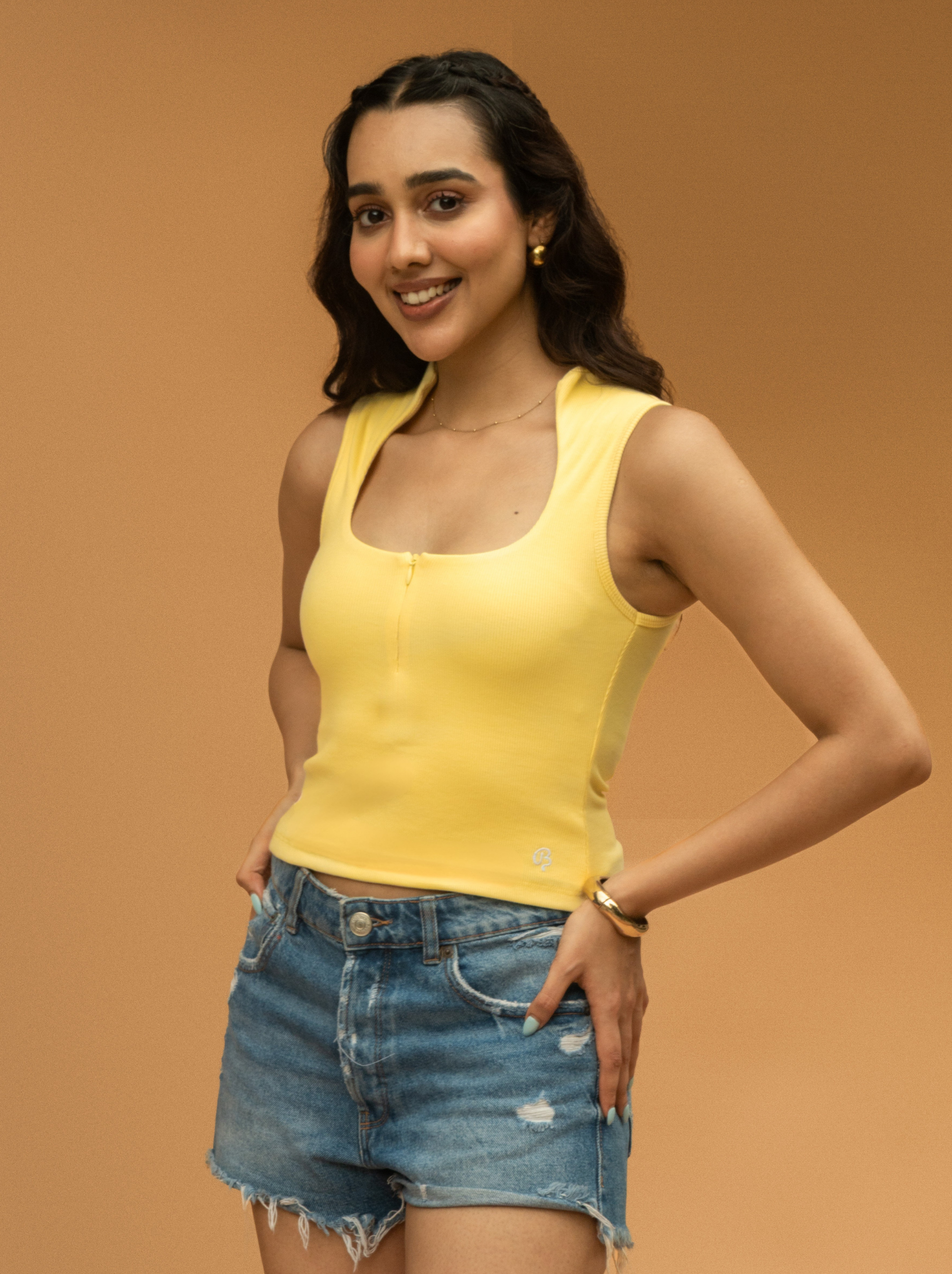 Collar Ribbed Zipper Top