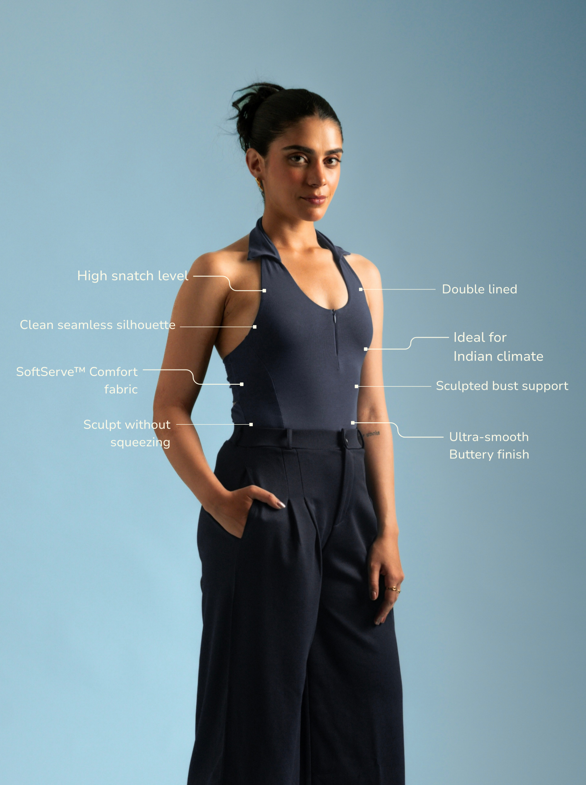 ButterBawd Sculpt Collar Bodysuit in blue, shown on model, fitted design