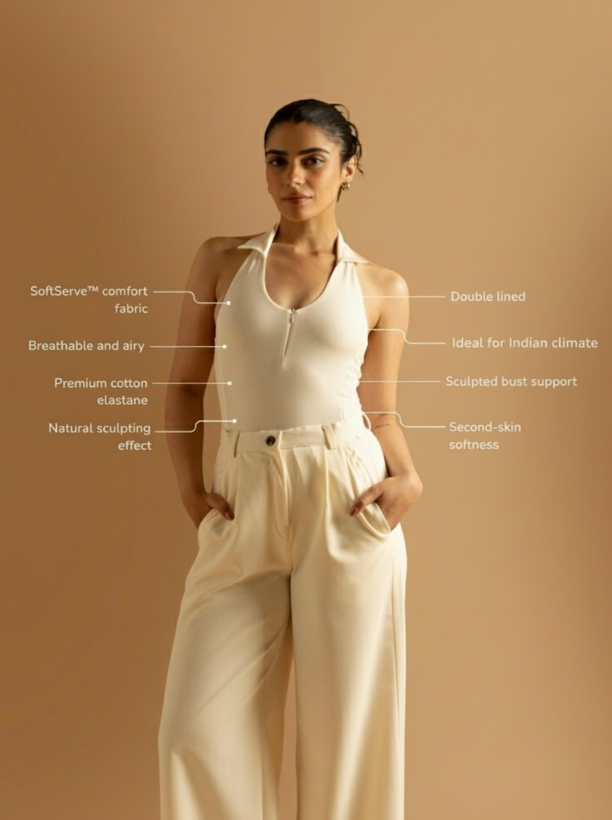 ButterBawd Sculpt Collar Bodysuit in white, shown on mannequin, sculpting collar detail