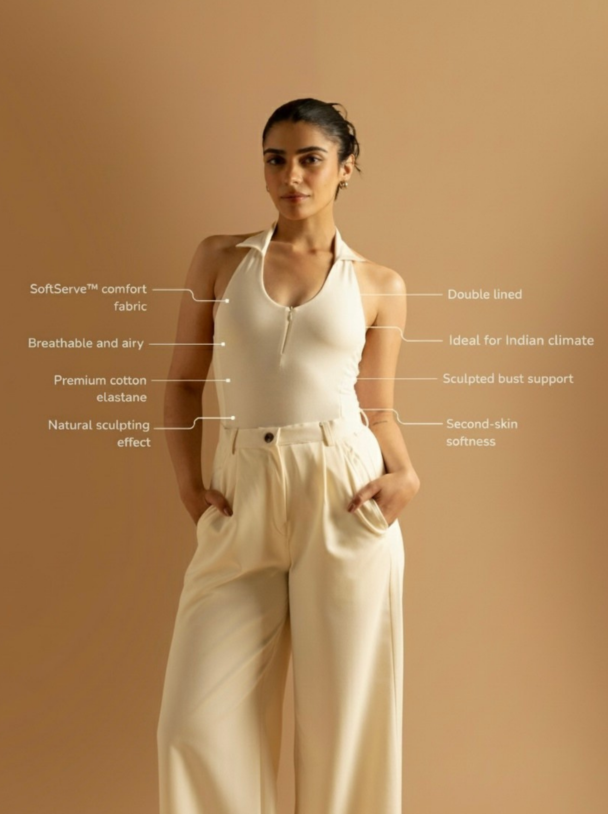 ButterBawd Sculpt Collar Bodysuit in white, shown on mannequin, sculpting collar detail