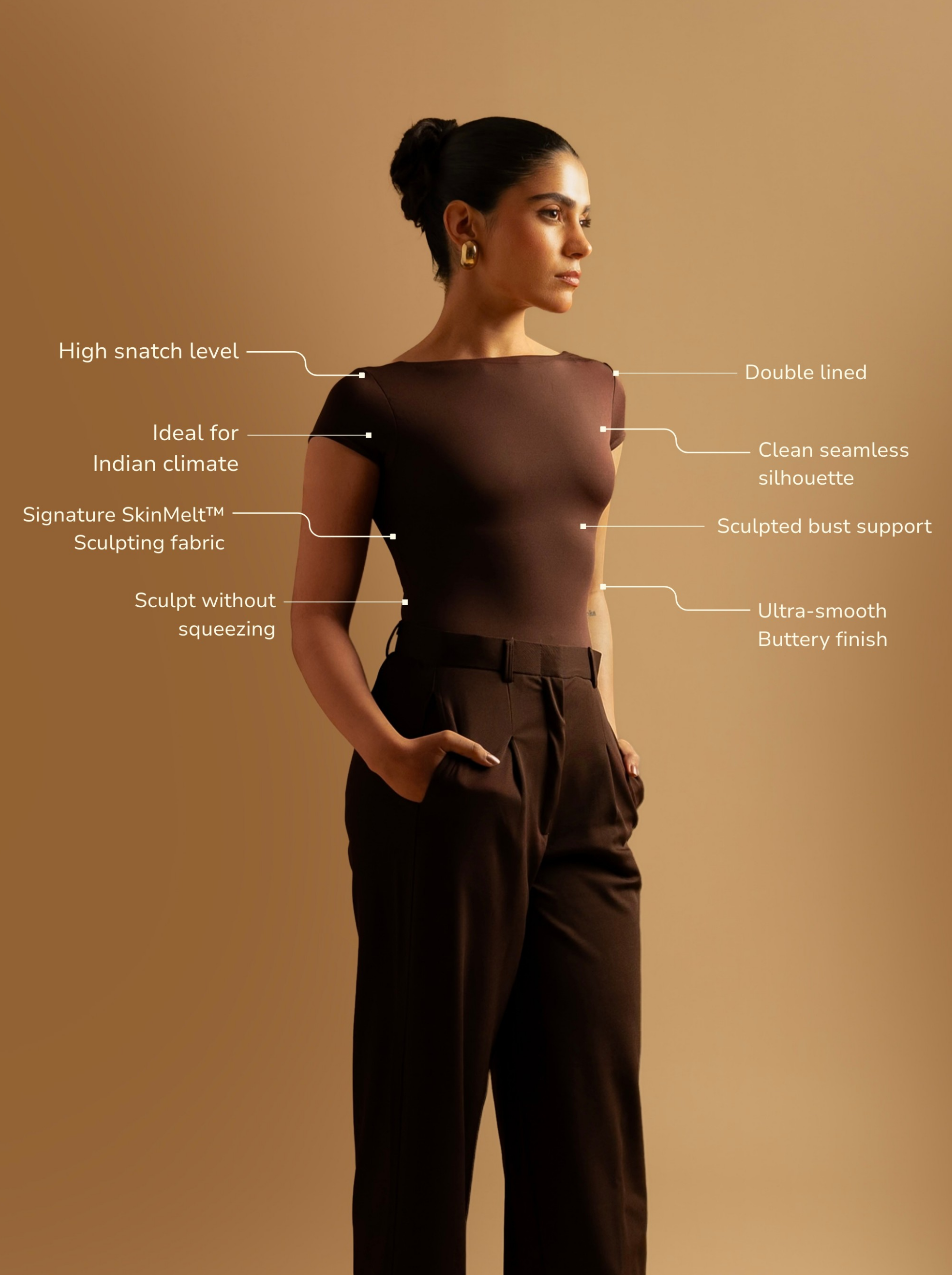 ButterBawd Boat Neck Bodysuit in brown, fitted long sleeves, smooth fabric