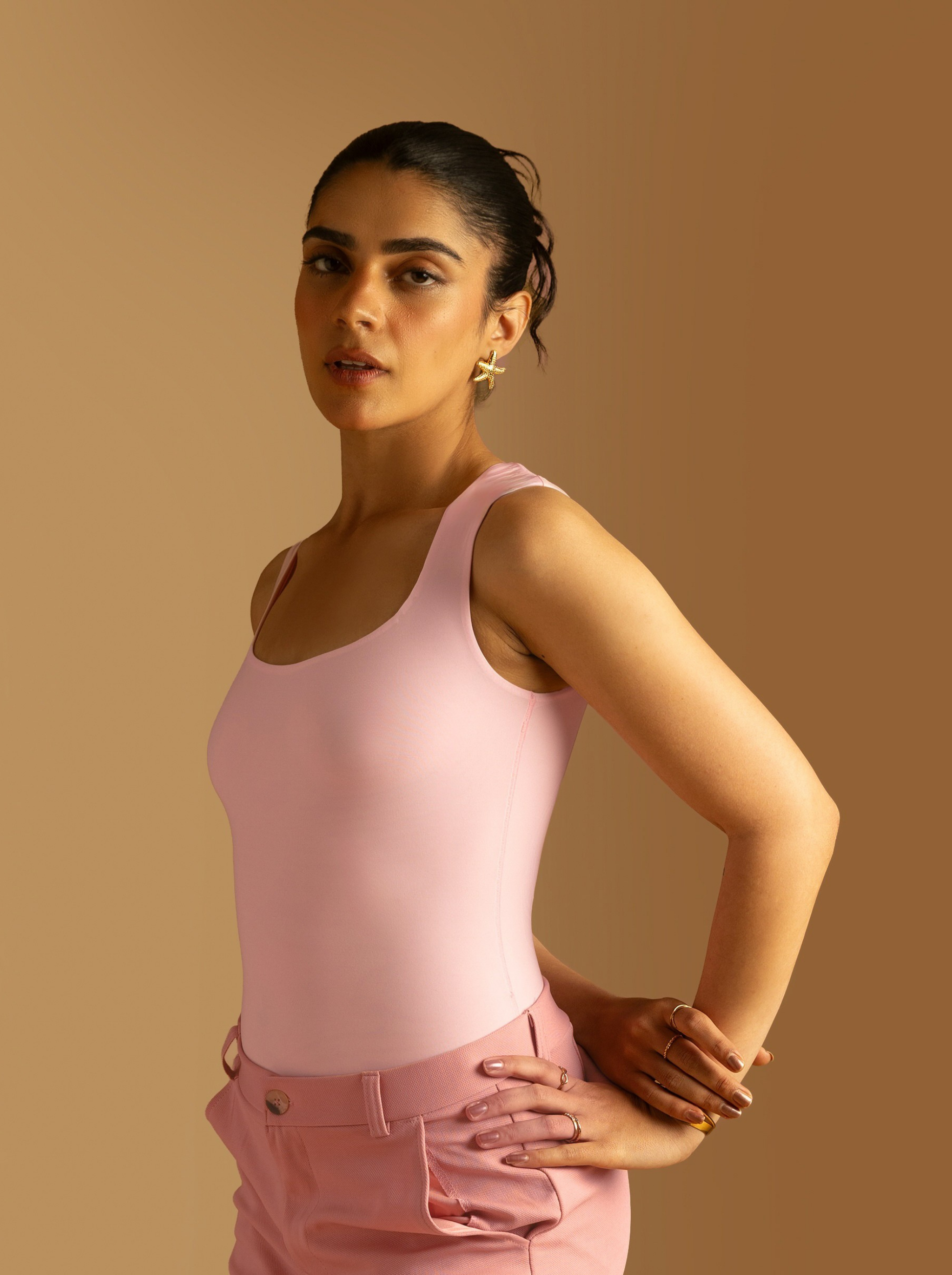 ButterBawd Square Neck Bodysuit in pink, shown on white background, fitted design
