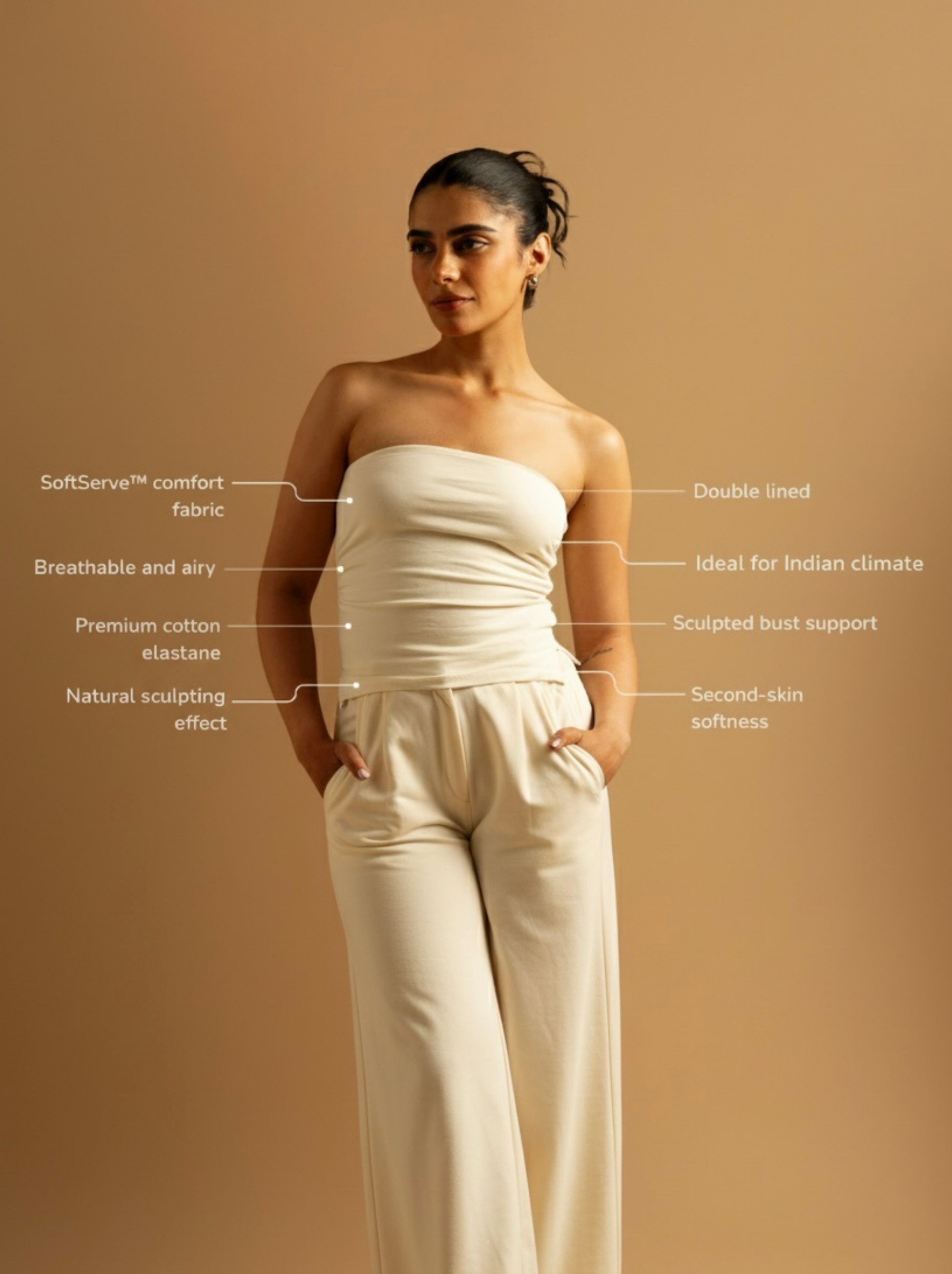 ButterBawd Glide On Tube Top in white, stretchy form-fitting fabric, close-up