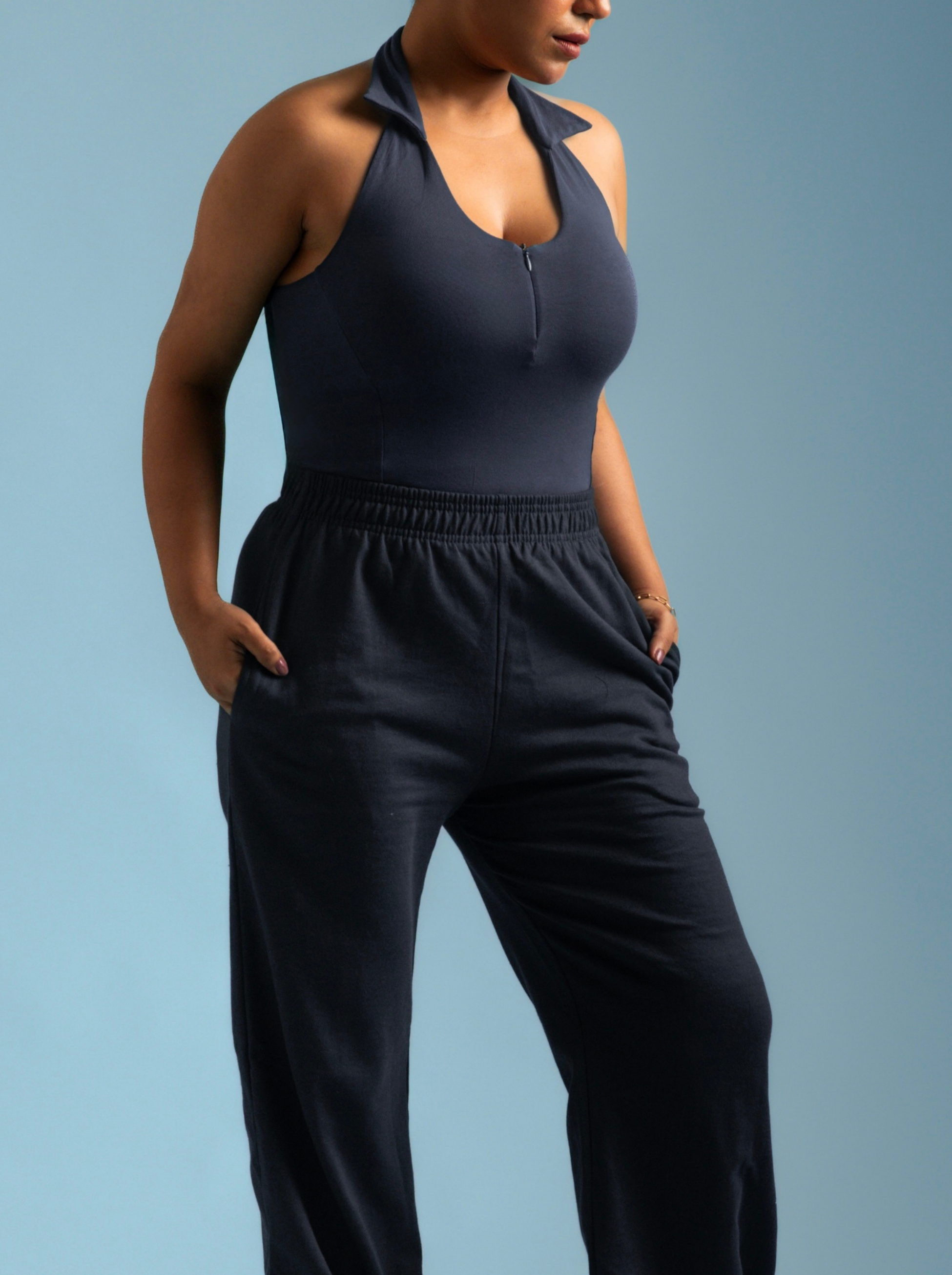 ButterBawd Sculpt Collar Bodysuit in blue, close-up of sculpting collar and fabric