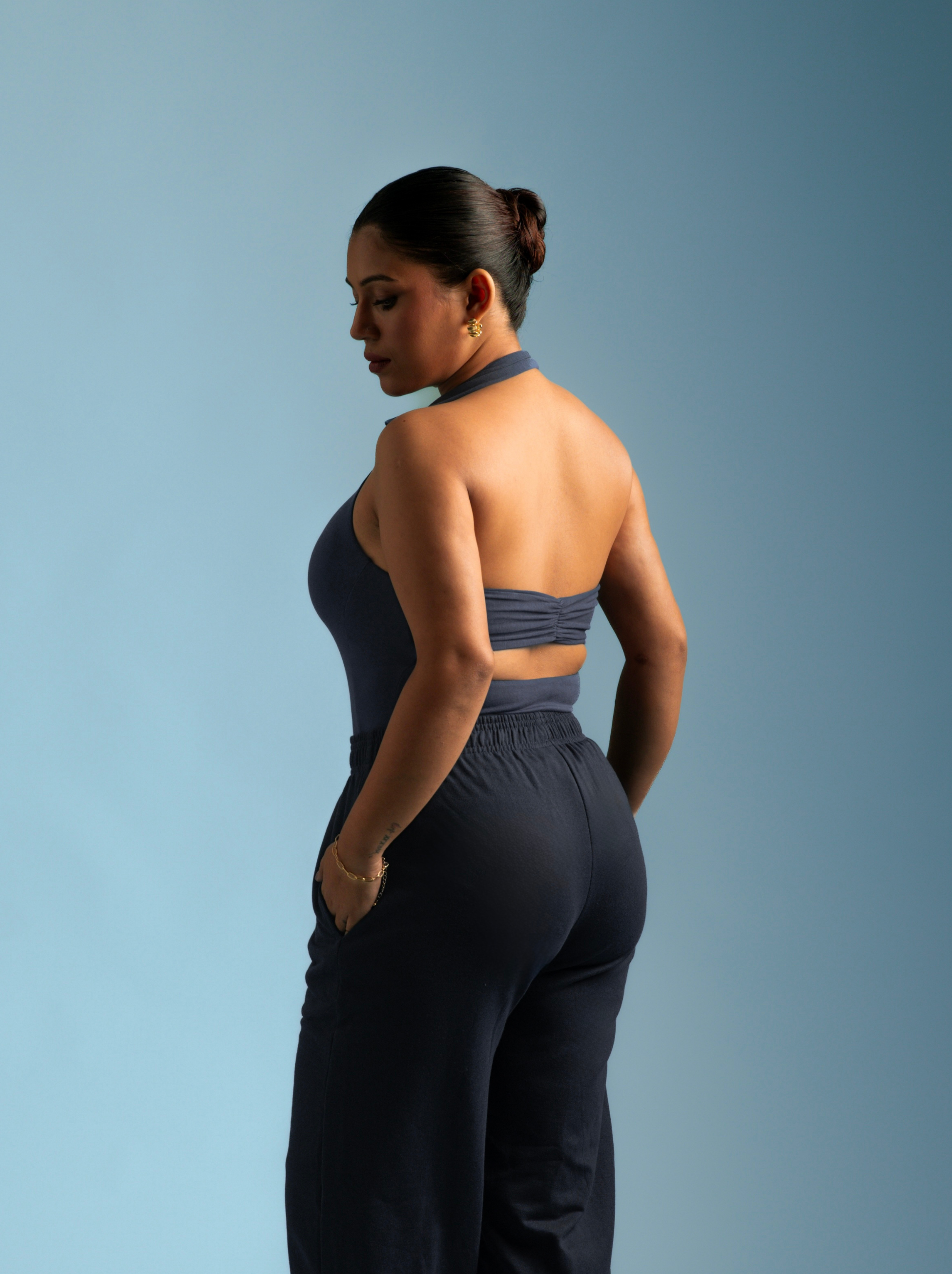 ButterBawd Sculpt Collar Bodysuit in blue, fitted design with sculpted collar, smooth fabric