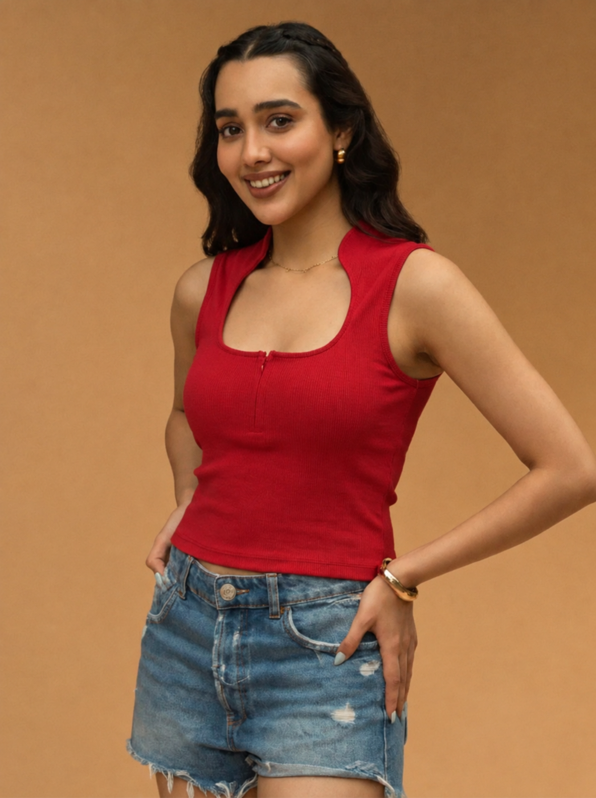 Collar Ribbed Zipper Top