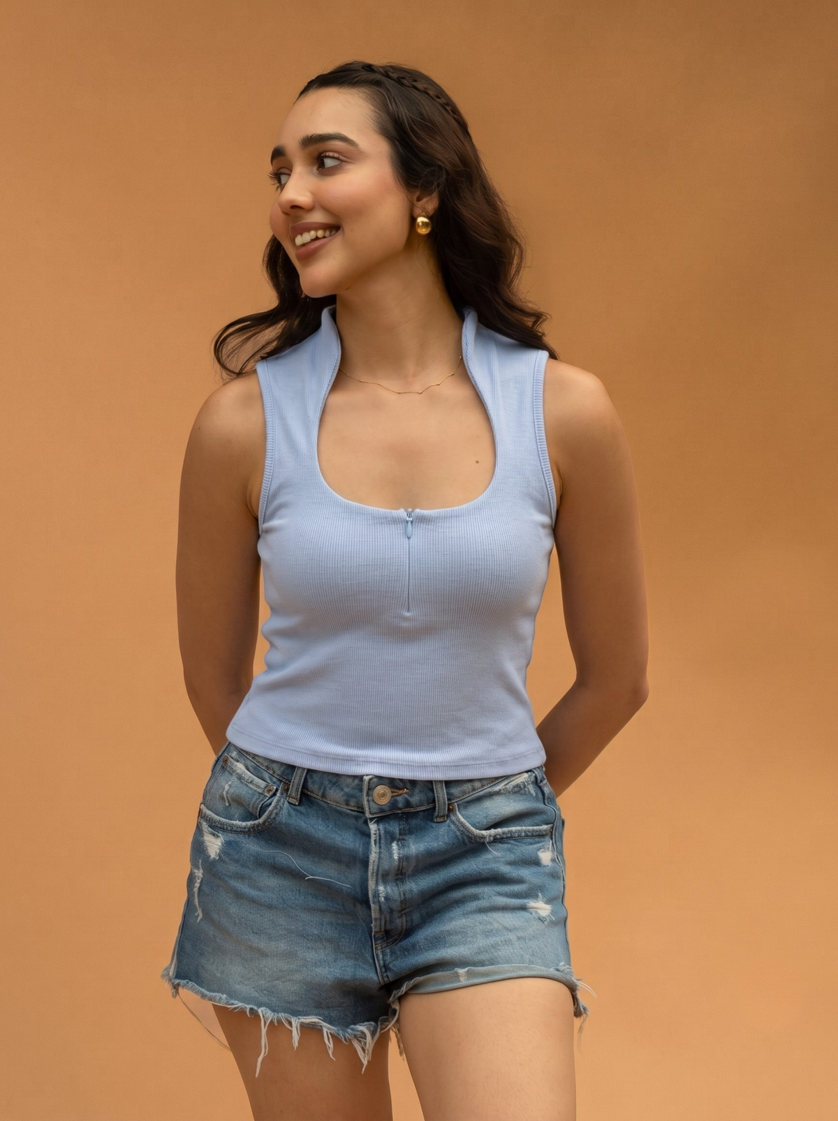 Collar Ribbed Zipper Top