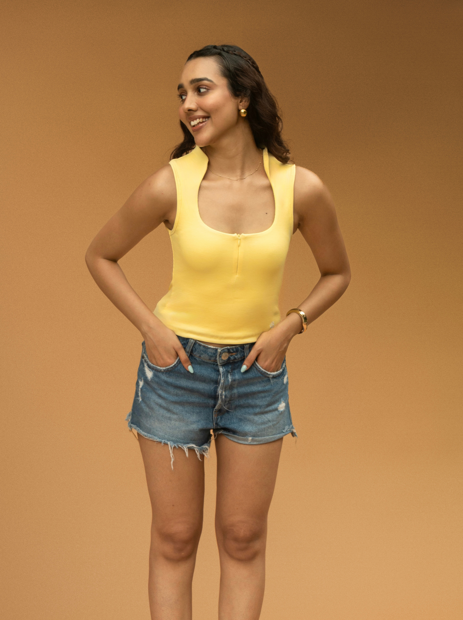 Collar Ribbed Zipper Top