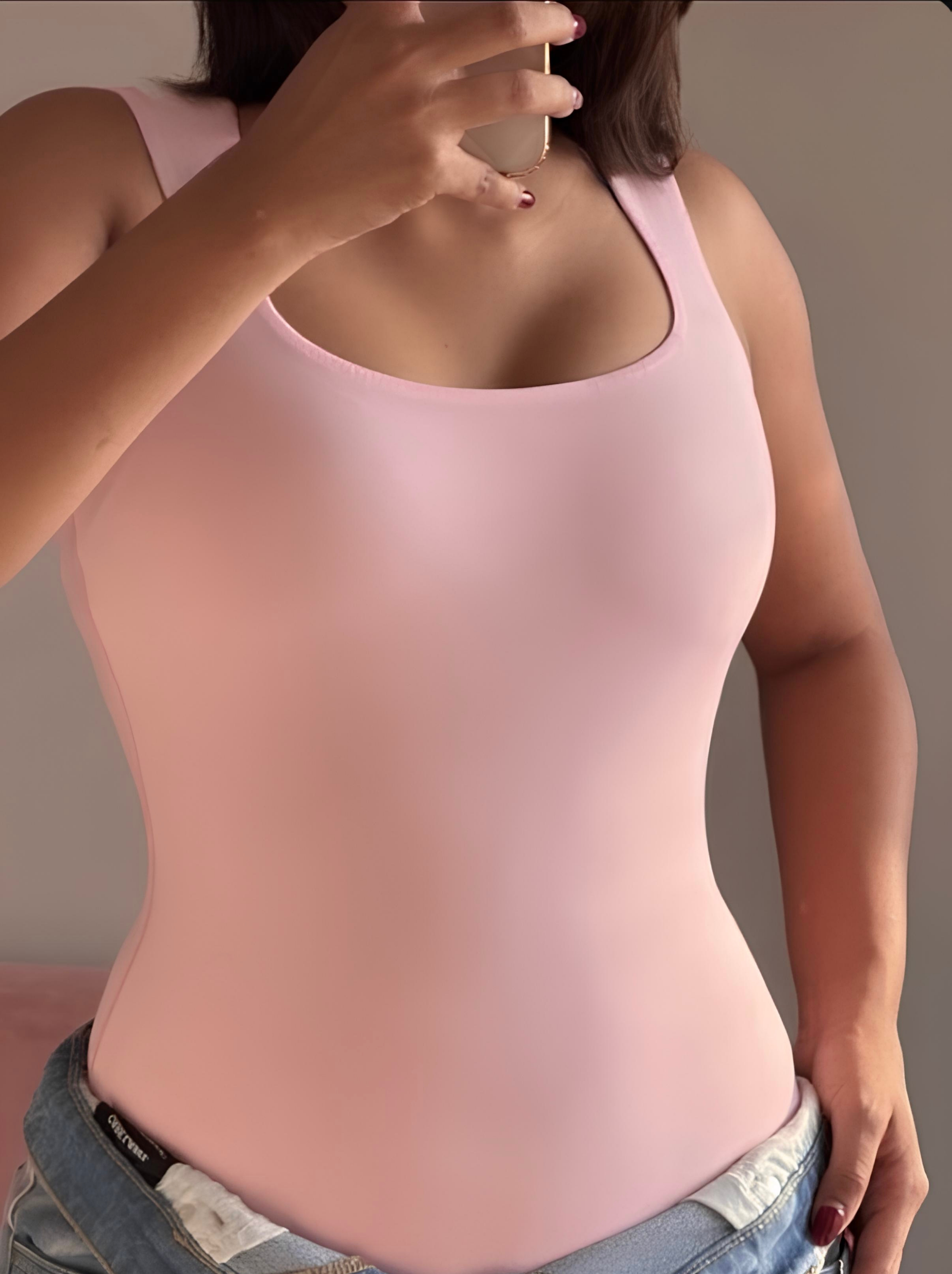 ButterBawd Square Neck Bodysuit in pink, fitted design, soft fabric, styled on model