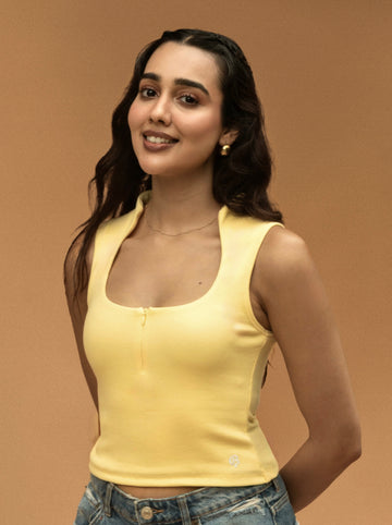 Collar Ribbed Zipper Top