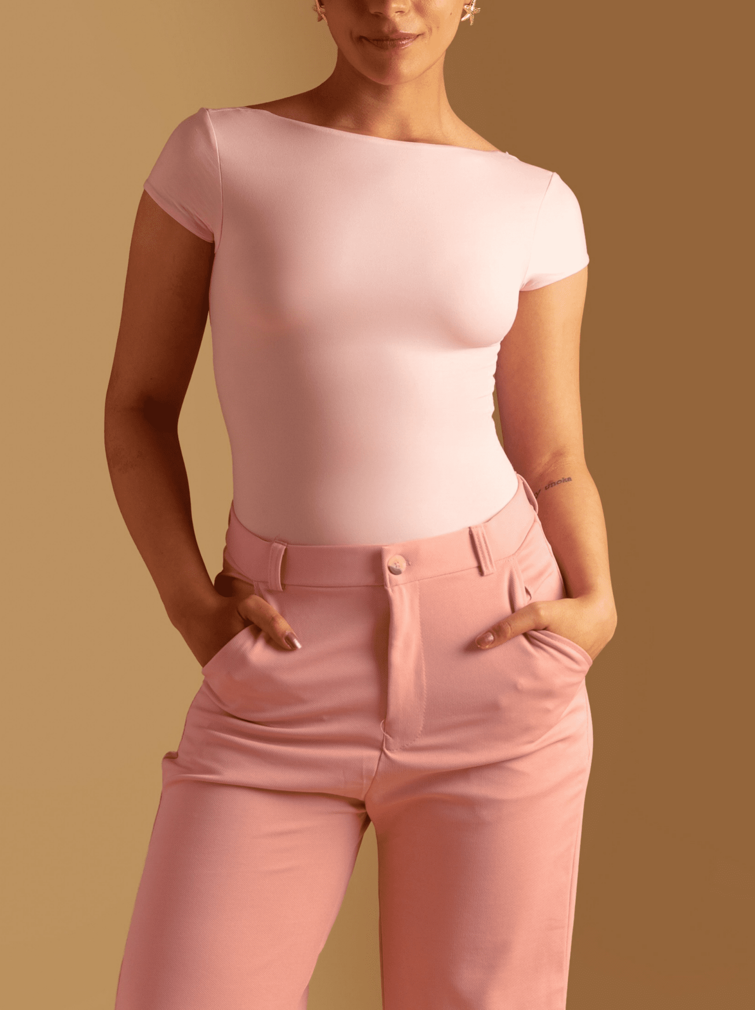 ButterBawd Boat Neck Bodysuit in pink, fitted long-sleeve bodysuit