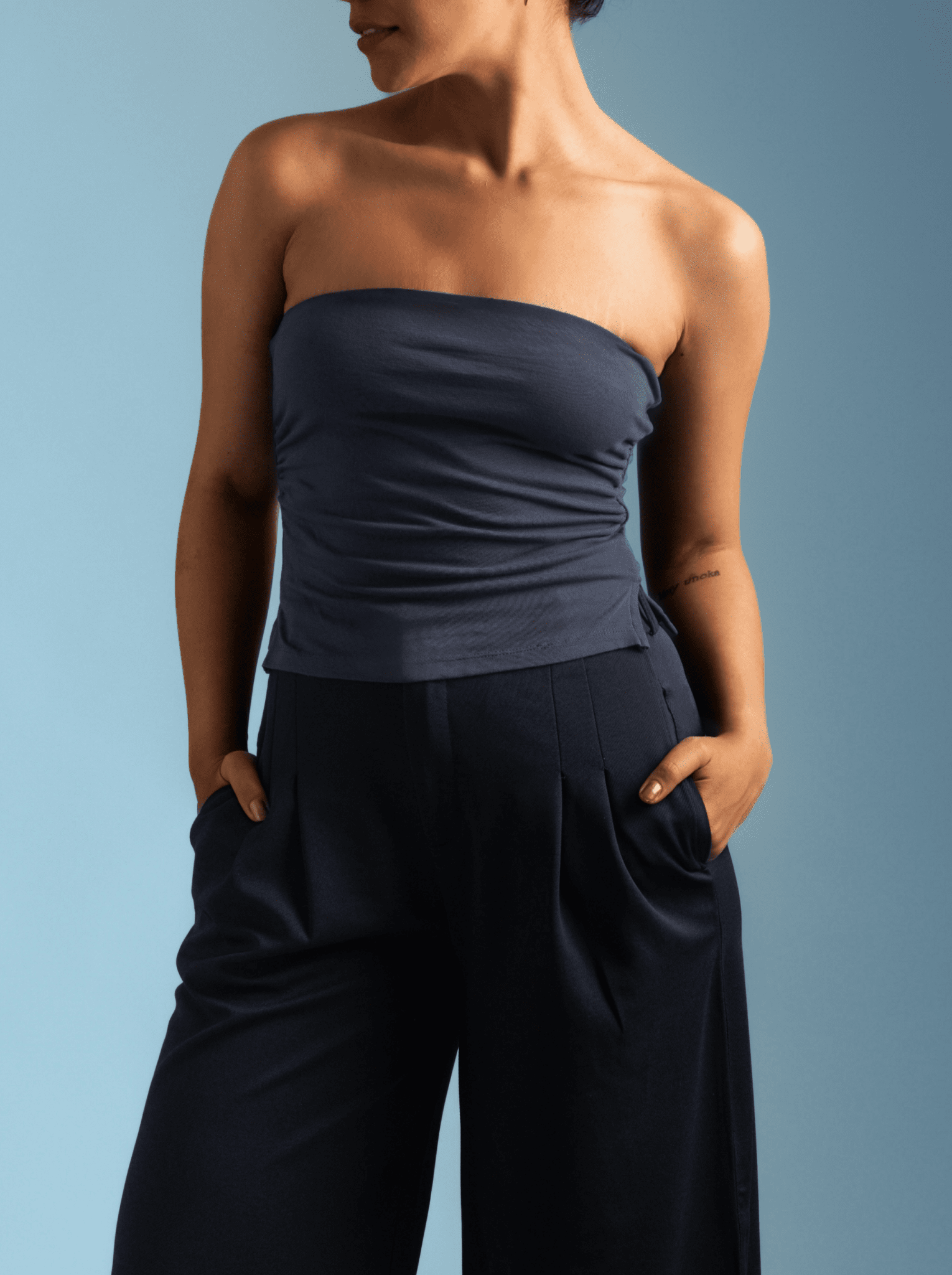 ButterBawd Glide On Tube Top in blue, fitted silhouette, smooth fabric