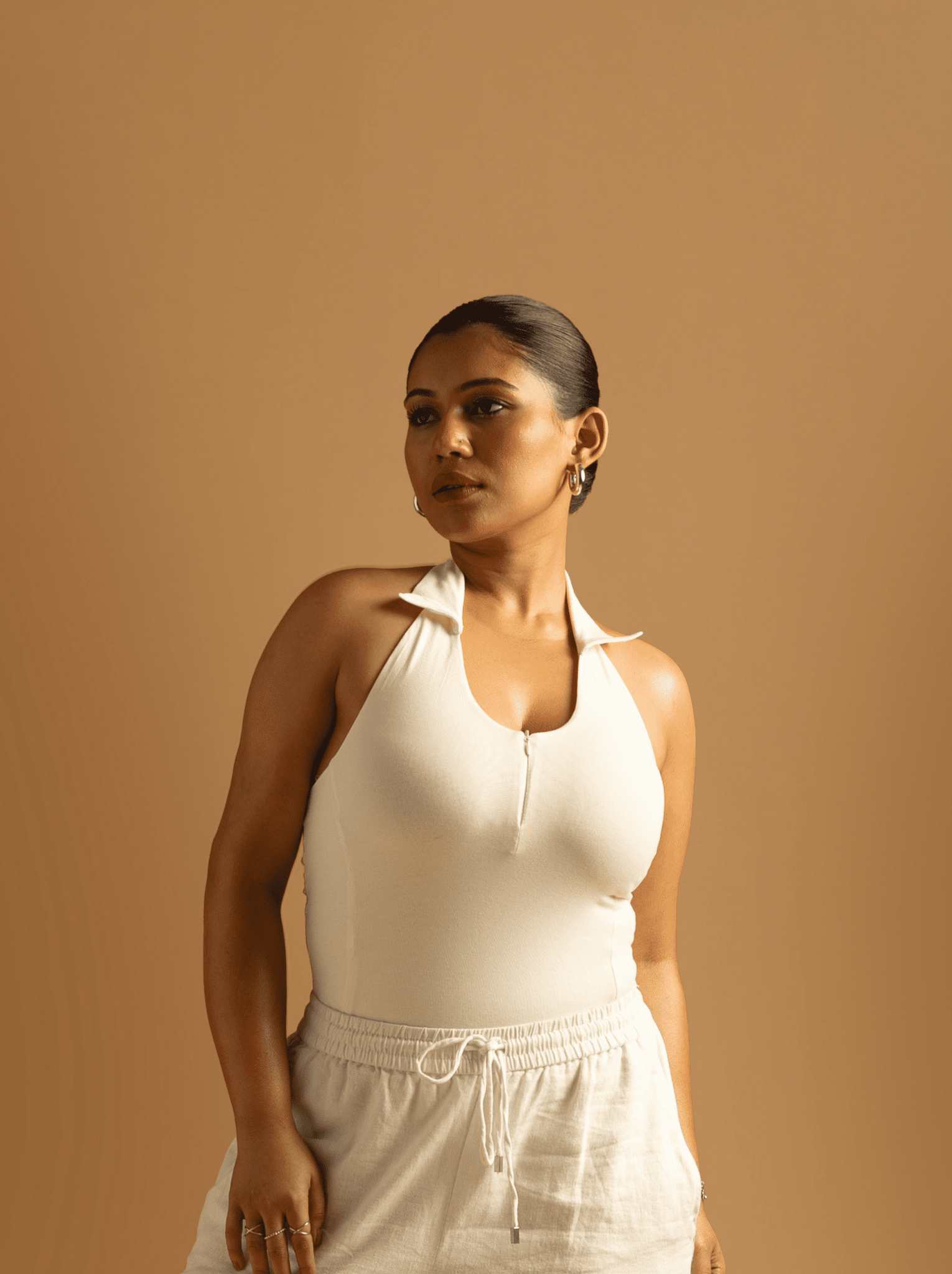 ButterBawd Sculpt Collar Bodysuit in white, fitted design, smooth fabric
