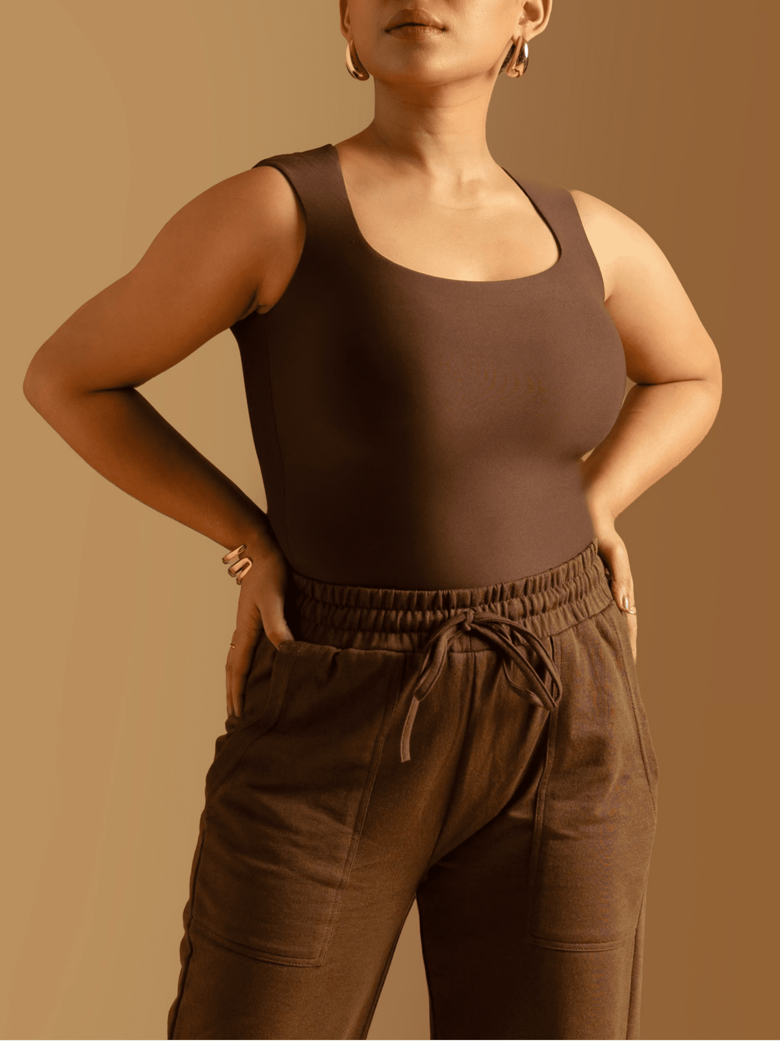 ButterBawd Square Neck Bodysuit in brown, shown on model, smooth fabric