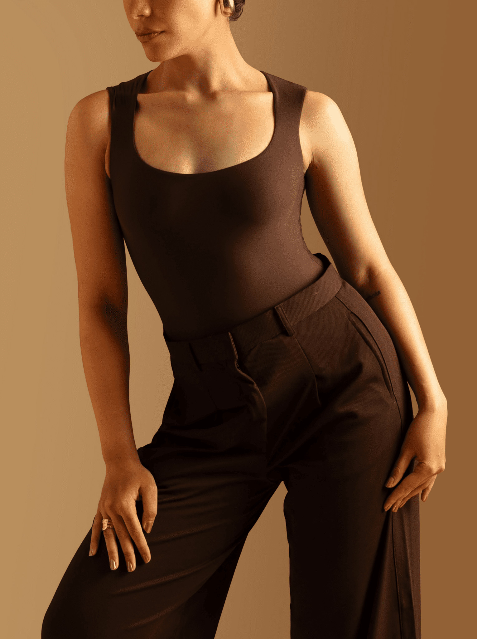ButterBawd Square Neck Bodysuit in brown, fitted long-sleeve bodysuit with square neckline